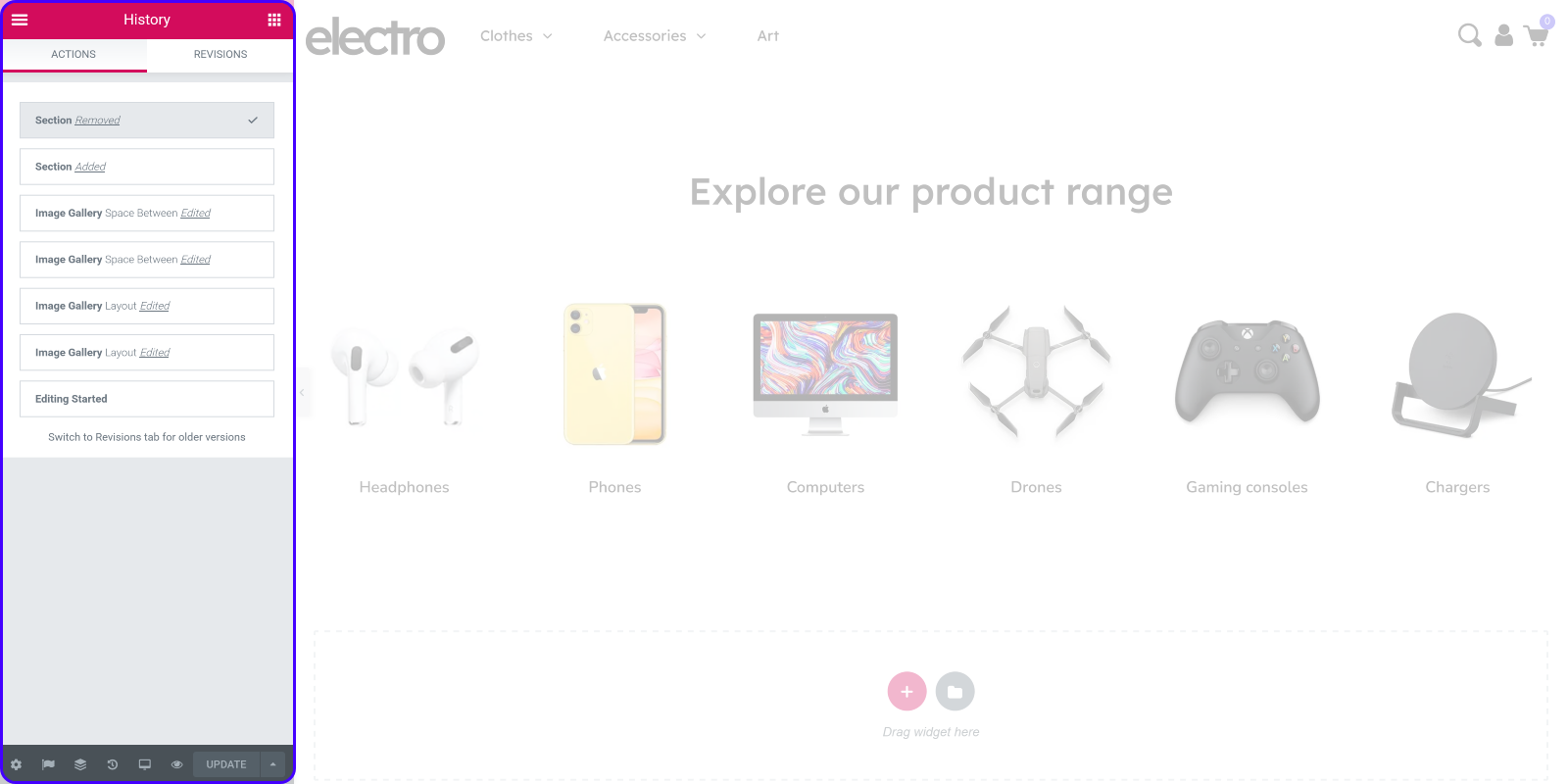 The Creative Elements History Panel - Actions tab