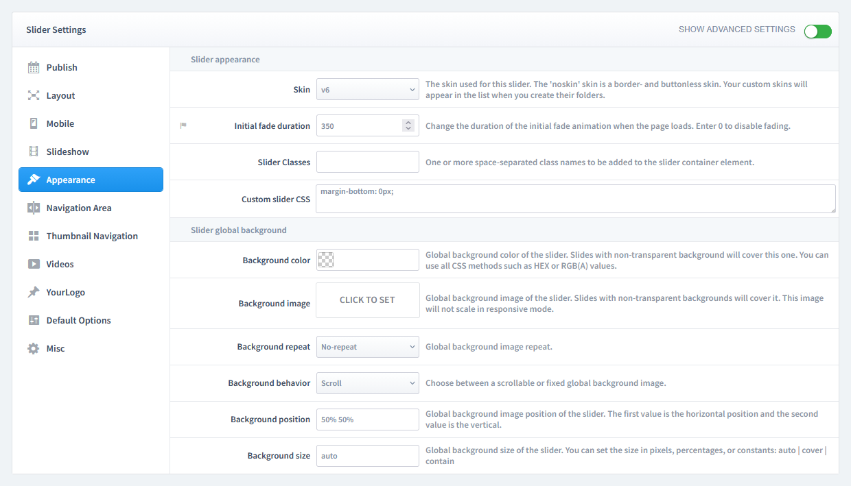 The Appearance Tab in Slider Settings