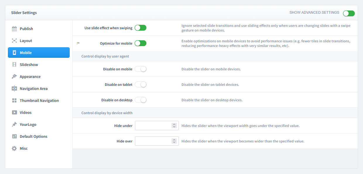 The Mobile Tab in Slider Settings